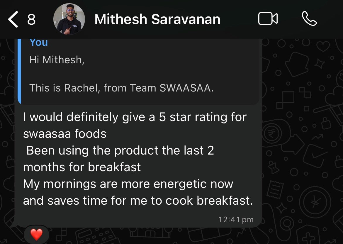 Mithesh Saravanan 5-star WhatsApp review for Swaasaa