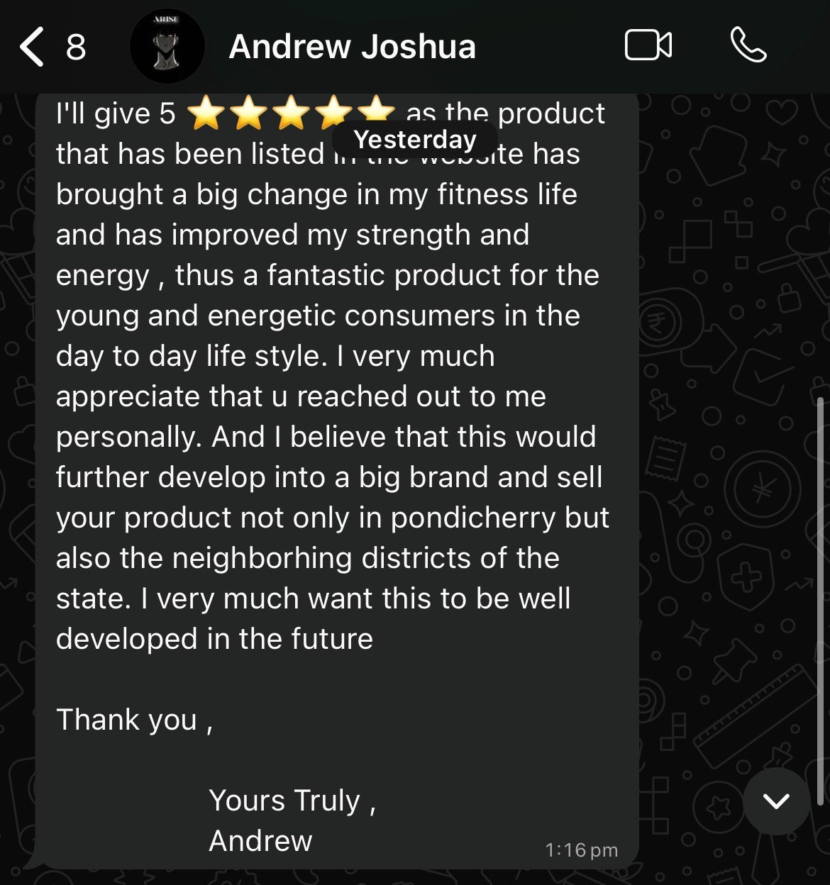 Andrew Joshua 5-star WhatsApp review for Swaasaa