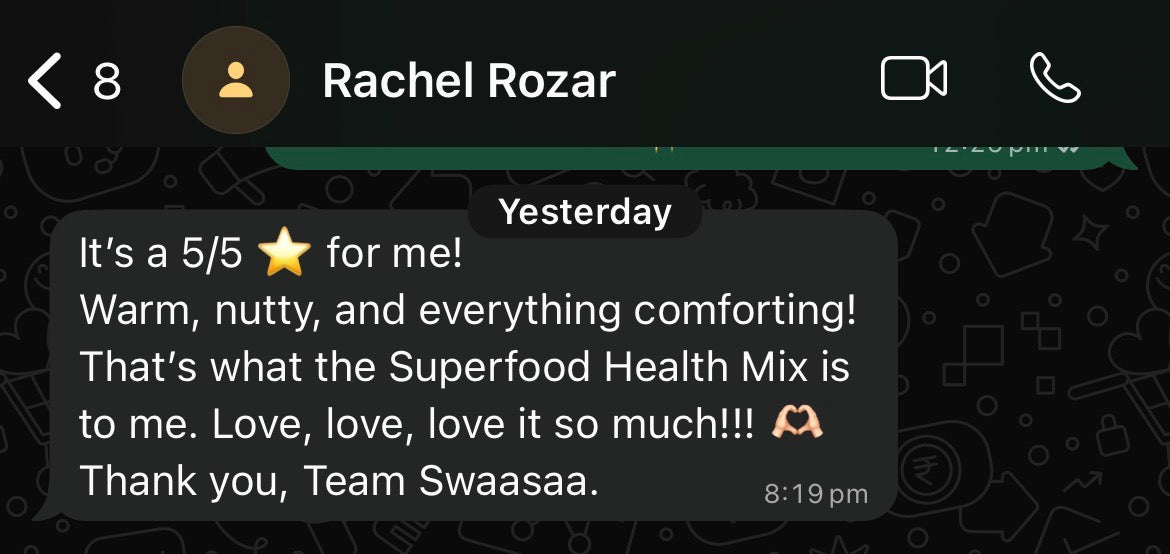 Rachel Rozar 5-star WhatsApp review for Swaasaa